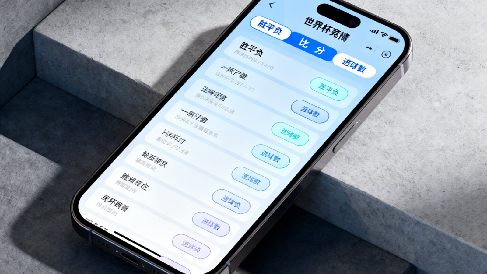 智能手机屏幕上显示着世界杯竞猜界面，包含胜平负、比分、进球数等多种玩法选项，界面设计简洁直观。